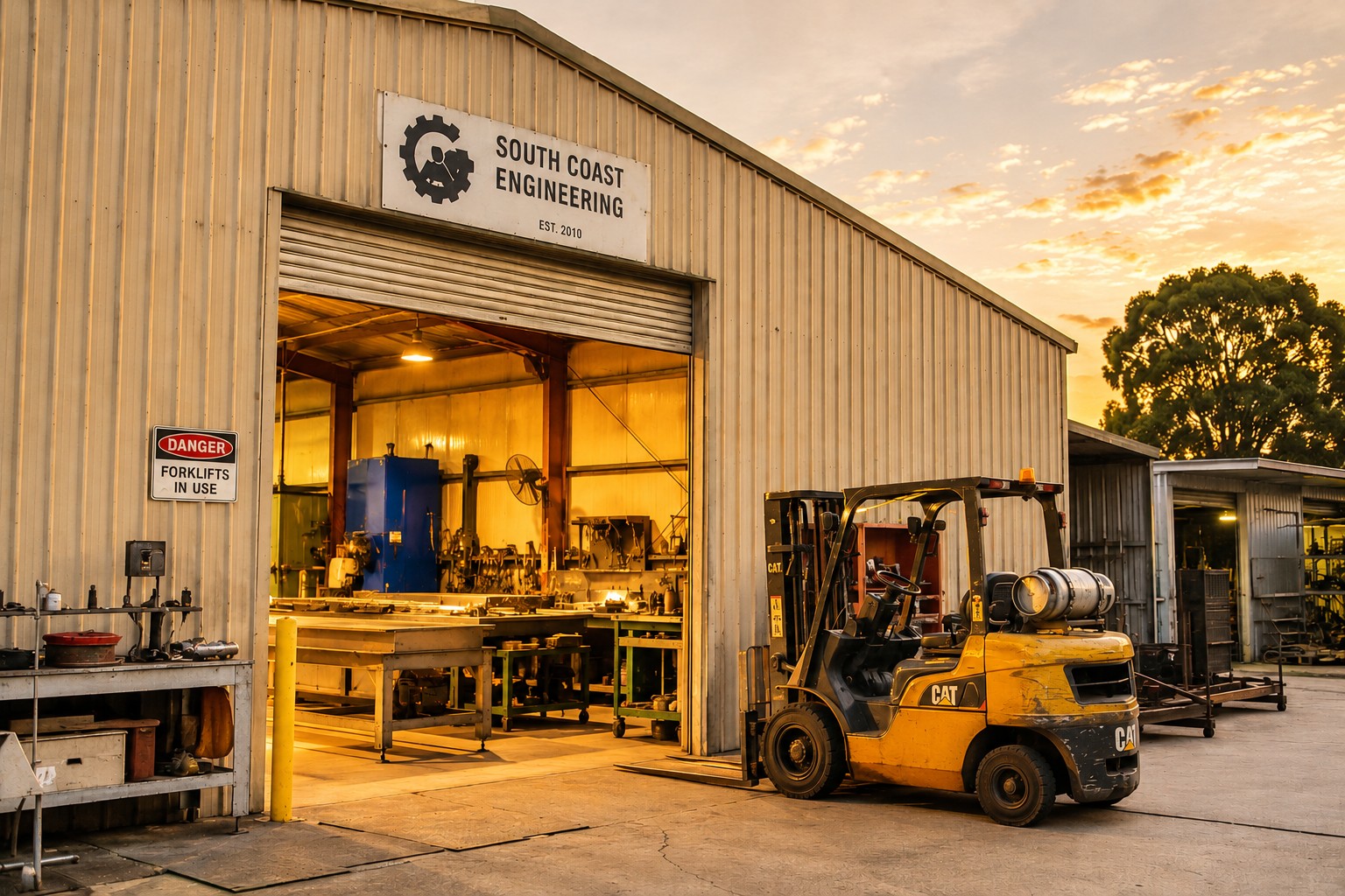 Australian engineering workshop at dusk